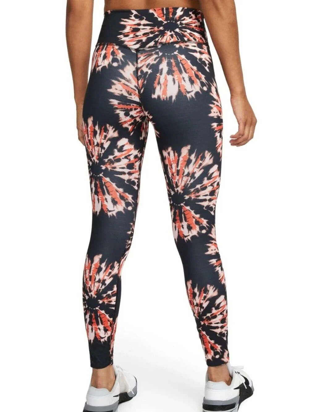 Nike Women's Black Leggings with Coral and Light Pink Tie-Dye
